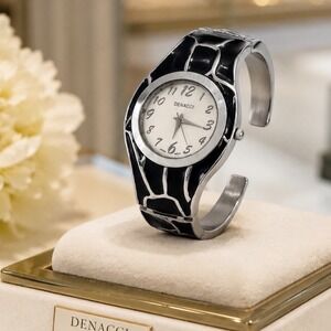 Vintage Denacci Cuff Watch Womens Silver Black Enamel Hinged Bracelet Y2K Works